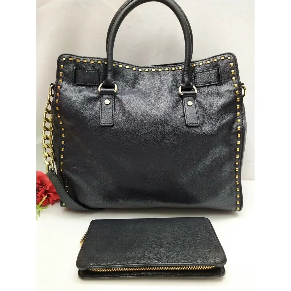Michael Kors Hamilton Black Leather Satchel Shoulder Bag w/ Matching Wallet